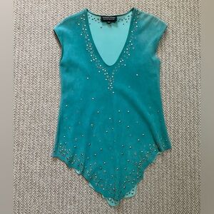 Donald J Pliner Teal Studded Reindeer Leather V-Neck Top Italy SML